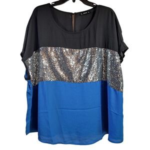Shein Sleeveless Colorblock Top in Size 3X. Blue and Black Sequins Cap Sleeve